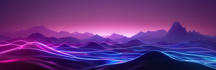 Futuristic landscape featuring neon-lit hills and glowing waves under a purple sky, creating a surreal and vibrant digital scene.
