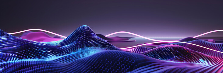 A mesmerizing digital landscape featuring neon-lit waves and a dark background, creating a futuristic and vibrant visual effect.
