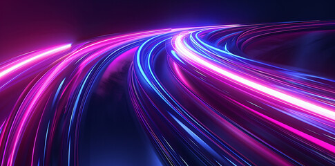 Vivid pink and blue neon light streaks curve dynamically through the dark, creating a vibrant and futuristic visual effect.
