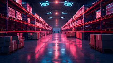 Warehouse - storage - logistics - supply chain - transportation of goods - shopping on the web - warehousing - neon  - obrazy, fototapety, plakaty