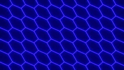Obraz premium 3d cyber futuristic neon blue laser hexagon background. Abstract retro way in space isolated black. Disco music template 8k