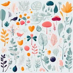 A collection of seamless pattern, colorful abstract plants and flowers. Hand drawn Collection of leaves and flowers. A close up of a pattern of flowers and leaves.
