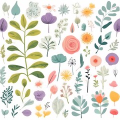 A collection of seamless pattern, colorful abstract plants and flowers. Hand drawn Collection of leaves and flowers. A close up of a pattern of flowers and leaves.
