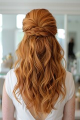 Wedding hairstyle. red headed woman with long curly hair.