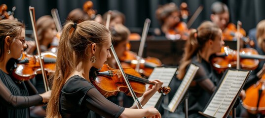 Symphonic orchestra performing classical music concert on stage with professional musicians