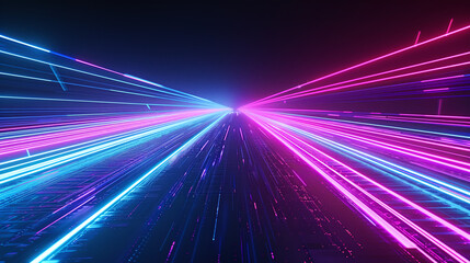 Futuristic road with converging neon light trails under a starlit sky, creating a sense of motion