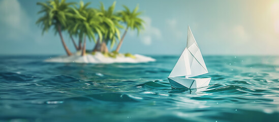 paper sailboat on the ocean - obrazy, fototapety, plakaty
