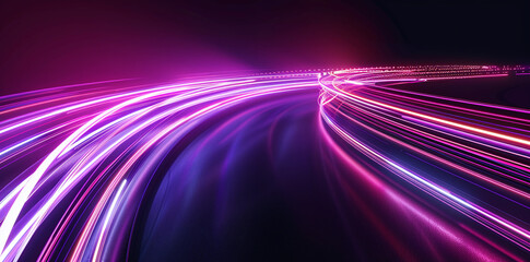 Fototapeta na wymiar Abstract image capturing the motion of vibrant pink and purple light streaks speeding over a dark surface, symbolizing energy and digital speed
