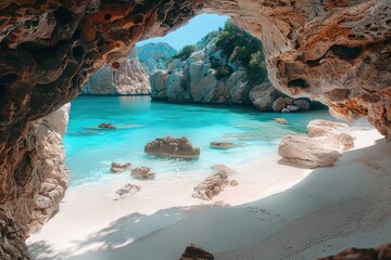 Rocky grotto on a sandy beach with clear blue water, surrounded by rocks.