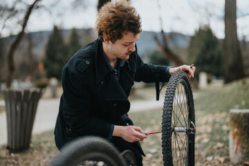 A young male entrepreneur repairs his bicycle in the park, showcasing problem-solving skills and...