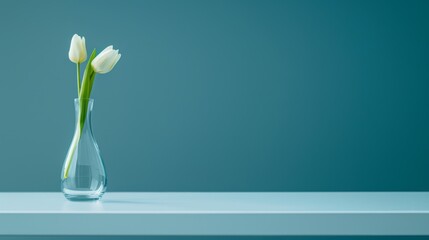  two white tulips in a clear vase on a white countertop against a teal blue background, with only one tulip in the foreground.