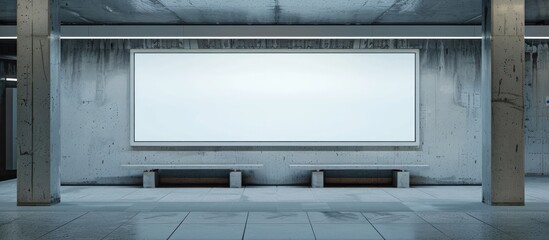 A blank white advertisement urban billboard is displayed indoors in a subway hall, serving as an empty placeholder template in a metro or railroad station.