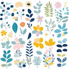 A collection of seamless pattern, colorful abstract plants and flowers. Hand drawn Collection of leaves and flowers. A close up of a pattern of flowers and leaves.
