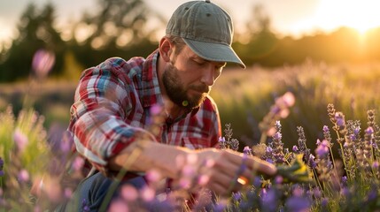 An agronomist in a lavender field, examining lavender plants, captured during sunset