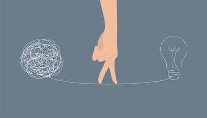 Hand imitating walking with fingers on thread between tangled ball and lamp. The concept of step-by-step problem solving. Flat vector illustration - obrazy, fototapety, plakaty