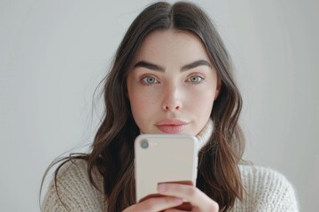 Naklejka premium Image of a thinking dreaming young beautiful woman against white wall. Generative AI.