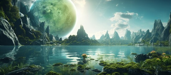 A serene lake nestled among mountains and trees under a blue sky with fluffy clouds, against the backdrop of a lush green planet on the horizon - Powered by Adobe