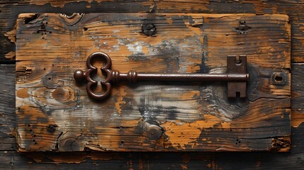 Vintage key on old wooden table, concept of unlocking mysteries. Antique, rustic style, perfect for backgrounds and texture themes. AI