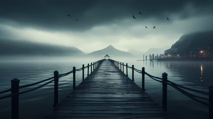 Obraz premium Mid shot of minimalist pier extending into lake