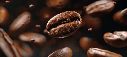 Roasted coffee beans gracefully floating in motion on a dark background in levitation