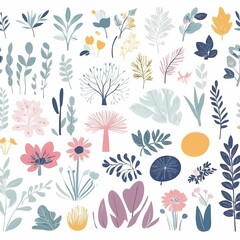 A collection of seamless pattern, colorful abstract plants and flowers. Hand drawn Collection of leaves and flowers. A close up of a pattern of flowers and leaves.
