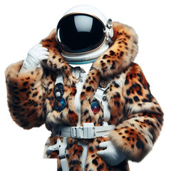 Obraz premium astronaut in leopard fur coat isolated on transparent background - Generative AI