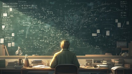 2D Illustrate of A mathematician solving complex equations on a chalkboard.  A focused mathematician intensely solves complex equations on a chalkboard,