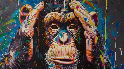 Vibrant chimpanzee portrait in urban style. Colorful street art of thoughtful primate. Expressive animal graffiti artwork. Perfect for modern decor and funky themes. AI