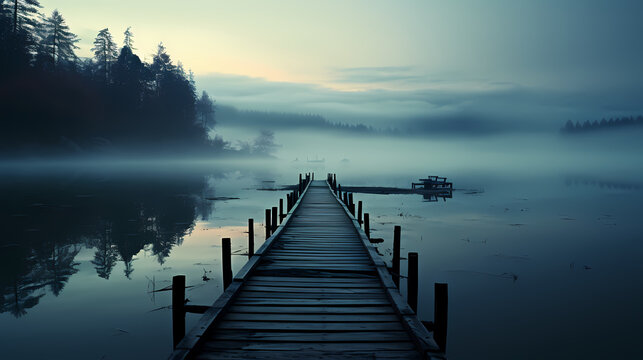 Fototapeta Mid shot of minimalist pier extending into lake