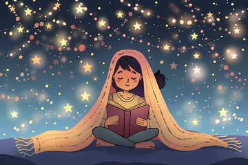 A girl sits under a blanket and reads a book, background with stars and lights, cartoon style