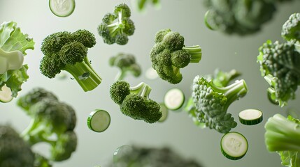Fresh broccoli and slices floating in mid-air against a neutral background, showcasing healthy and green vegetables in levitation. Creative food photography. AI - obrazy, fototapety, plakaty
