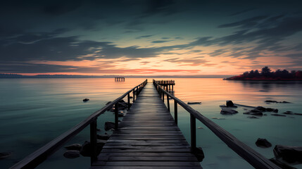 Obraz premium Mid shot of minimalist pier extending into lake