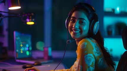 Smiling young woman enjoying gaming with headphones in neon-lit room. Casual and modern entertainment scene. Vivid colors bring the upbeat atmosphere to life. Lifestyle capture for gamers. AI - obrazy, fototapety, plakaty