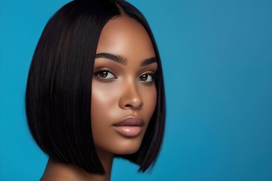 African American woman with straight hair flaunting a chic bob hairstyle post-keratin treatment at a spa. Concept Hair Transformation, Keratin Treatment, Chic Bob Hairstyle, Spa Makeover