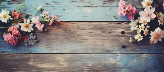Fototapeta premium A beautiful assortment of flowers is displayed on a rustic wooden table, creating a charming centerpiece for any event or gathering