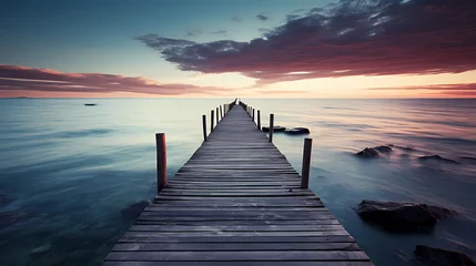Zelfklevend Fotobehang Mid shot of minimalist pier extending into lake © xuan