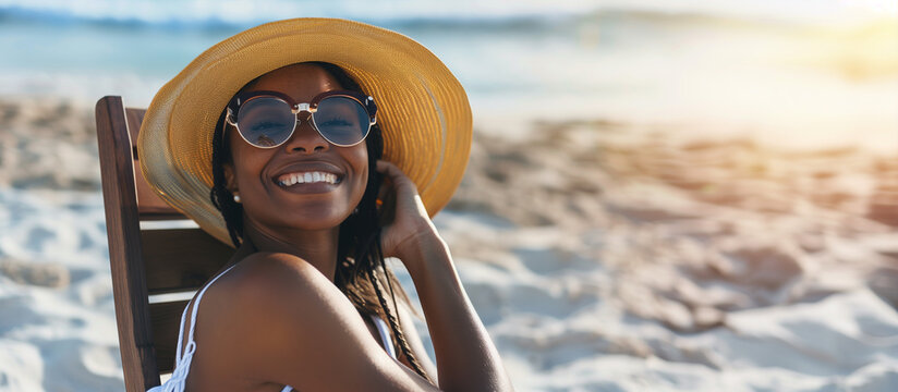 Mature African Woman In A Hat And Sunglasses Sits In A Lounge Chair Near The Beach. Banner. Space For Text.