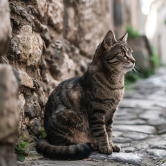 Naklejka na ściany i meble Tabby Cat Sitting on Cobblestone Street in Historic Alley