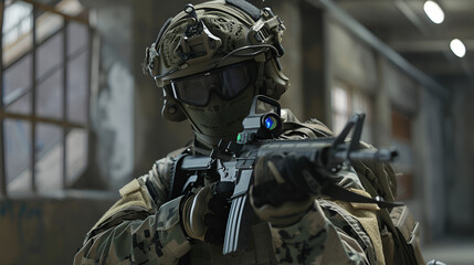  Fully Armed Special Forces Soldier Gray-Green - obrazy, fototapety, plakaty