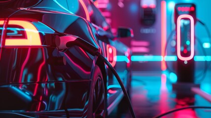vividly illuminated electric car's charging process at night, with a focus on the charging cable and reflective surfaces