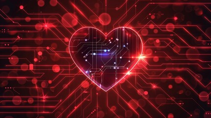 Fototapeta premium Futuristic digital heart with intricate circuit lines and glowing dots. Symbol of love and technology on a dark red background.