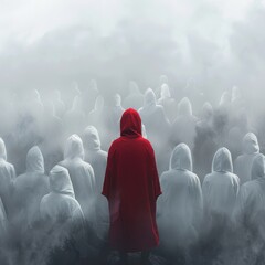 Person in a red cloak standing amidst a crowd of figures in white cloaks shrouded in mist, evoking a sense of mystery