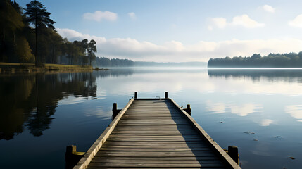 Mid shot of minimalist pier extending into lake