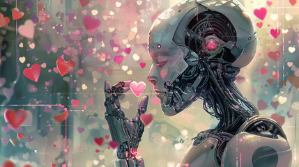 Futuristic portrayal of a robot's profile with heart-shaped visuals and a backdrop of hearts, conveying a sense of love.