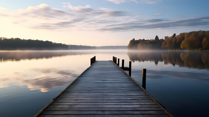 Fototapeta na wymiar Mid shot of minimalist pier extending into lake