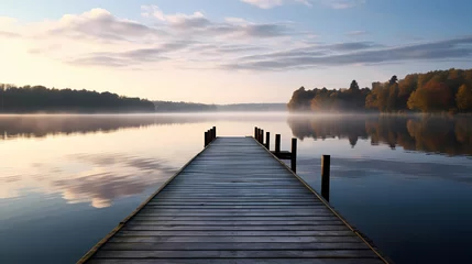 Rolgordijnen Mid shot of minimalist pier extending into lake © xuan