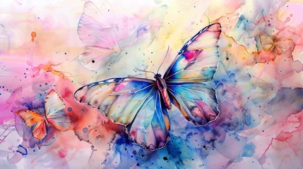 Foto op Plexiglas Grunge vlinders Vibrant butterflies soaring on a watercolor canvas. Whimsical butterflies against a backdrop of abstract watercolors.
