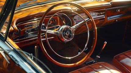 Vintage car interior with polished wood dashboard and leather seats. Classic automobile design showcasing luxury and craftsmanship. Retro vehicle cabin with shiny wooden steering wheel detail.