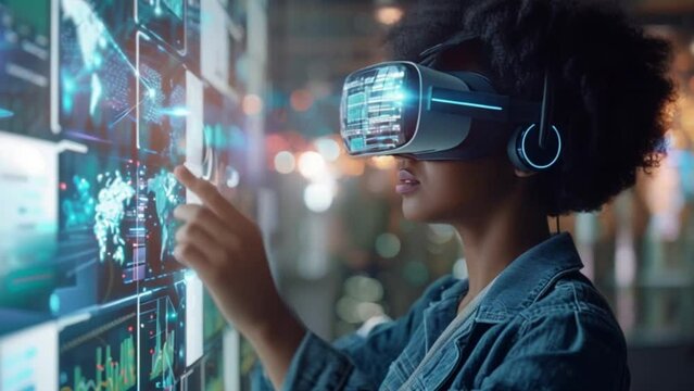 woman using vr headset and interacting with digital hologram internet windows, virtual reality and emerging technology concept Generative AI 