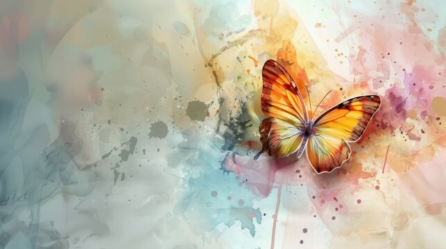 Digital art of a butterfly with translucent wings against a soft, abstract background with copy space